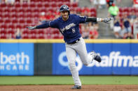 FILE- In this Sept. 25, 2019, file photo, Milwaukee Brewers' Ryan Braun runs the bases after hitting a grand slam off Cincinnati Reds starting pitcher Tyler Mahle during the first inning of a baseball game in Cincinnati. Braun, the Brewers' home run leader whose production was slowed by injuries during the second half of his 14-year career, announced his retirement on Tuesday, Sept. 14, 2021. Braun hasn’t played all season and said during spring training that he was leaning toward retirement. (AP Photo/John Minchillo, File)