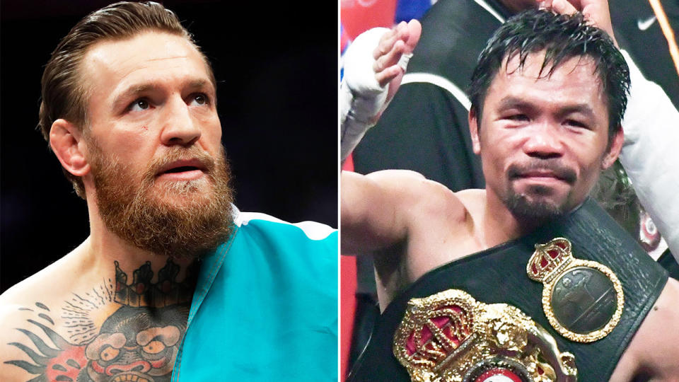 Conor McGregor (pictured left) with the Irish flag and boxing legend Manny Pacquiao (pictured right) with his belt thanking fans.