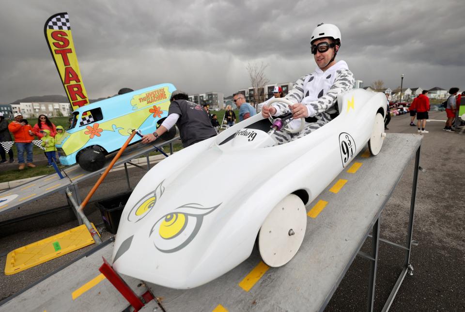 Jeff Nigbur waits for the starter to drop the starting gate during the 3rd Annual LiveDAYBREAK Soap Box Derby in South Jordan on Saturday, May 6, 2023. | Kristin Murphy, Deseret News