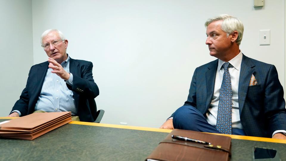 Former Mississippi Gov. Ronnie Musgrove speaks left,, Tuesday, May 31, 2022, in Jackson, Miss., about teaming up with Quentin Whitwell, right, a healthcare executive, to apply for a state license to open a medical marijuana testing facility, Magnolia Tech Labs, in Marshall County.