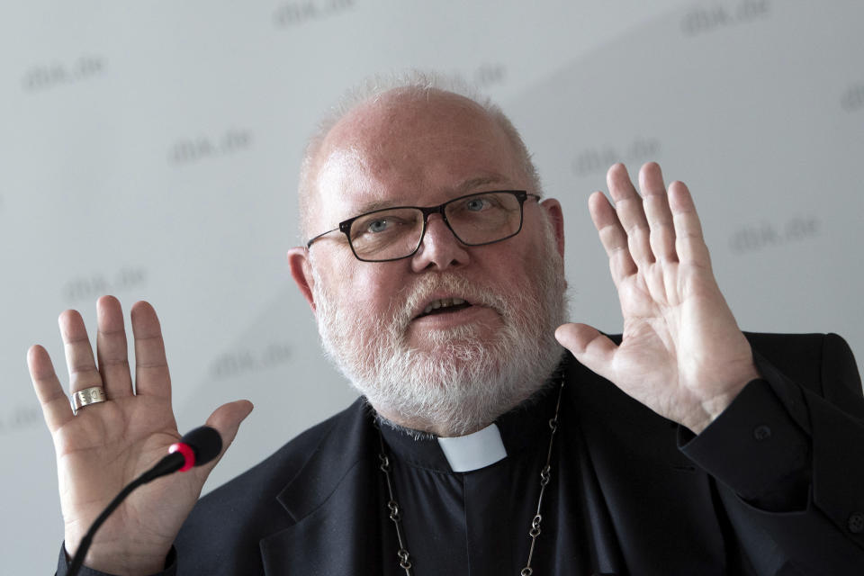 Cardinal Reinhard Marx, head of the German Bishops Conference, addresses the media during a press conference in Bonn, Germany, Wednesday, Feb. 12, 2020 on the results of the Amazon Synod of Bishops in Rome. Pope Francis declined Wednesday to approve the ordination of married men to address a shortage of priests in the Amazon, sidestepping a fraught issue that has dominated debate in the Catholic Church and even involved retired Pope Benedict XVI. (Federico Gambarini/dpa via AP)