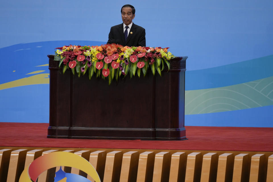 Indonesian President Joko Widodo delivers a speech during the opening ceremony for the Belt and Road Forum at the Great Hall of the People in Beijing, Wednesday, Oct. 18, 2023. (AP Photo/Ng Han Guan)