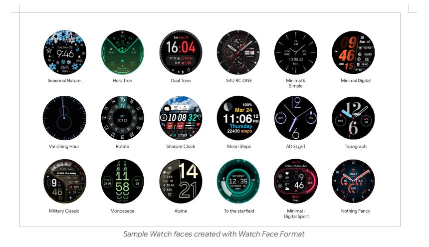 Sample watch faces created with Watch Face Format.