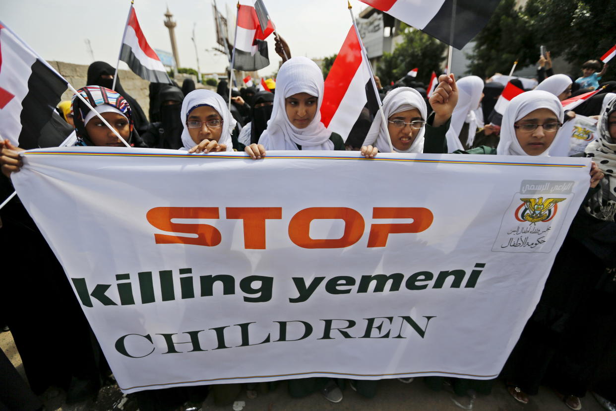 Girls demonstrate against the Saudi-led coalition outside the offices of the United Nations in Yemen's capital, Sanaa, in August 2015. 