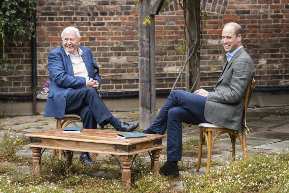 Prince William and Sir David Attenborough discuss the Earthshot Prize at Kensington Palace (Kensington Palace via AP)