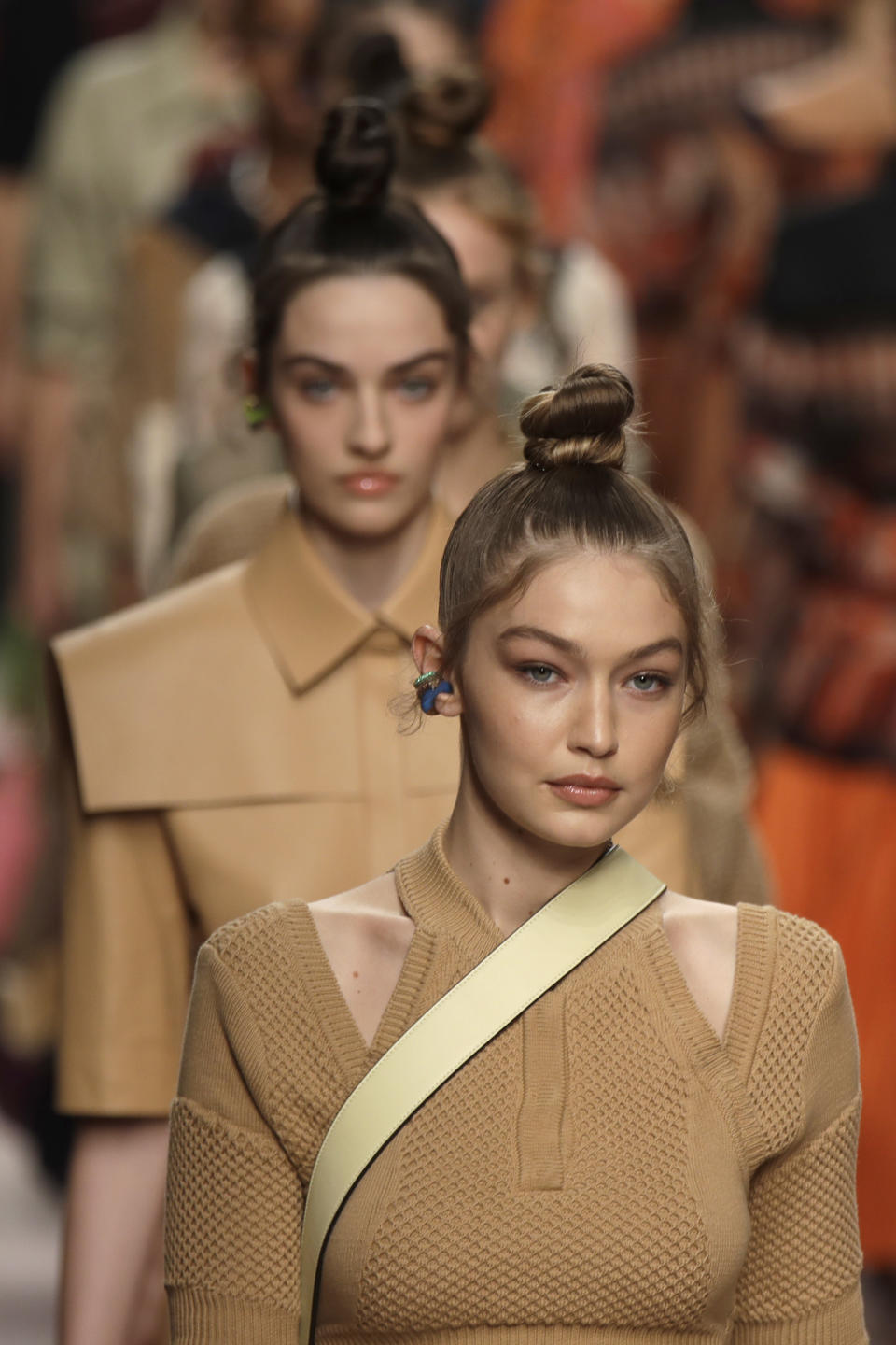 Model Gigi Hadid wears a creation as part of the Fendi women's 2019 Spring-Summer collection, unveiled during the Fashion Week in Milan, Italy, Thursday, Sept. 20, 2018. (AP Photo/Luca Bruno)