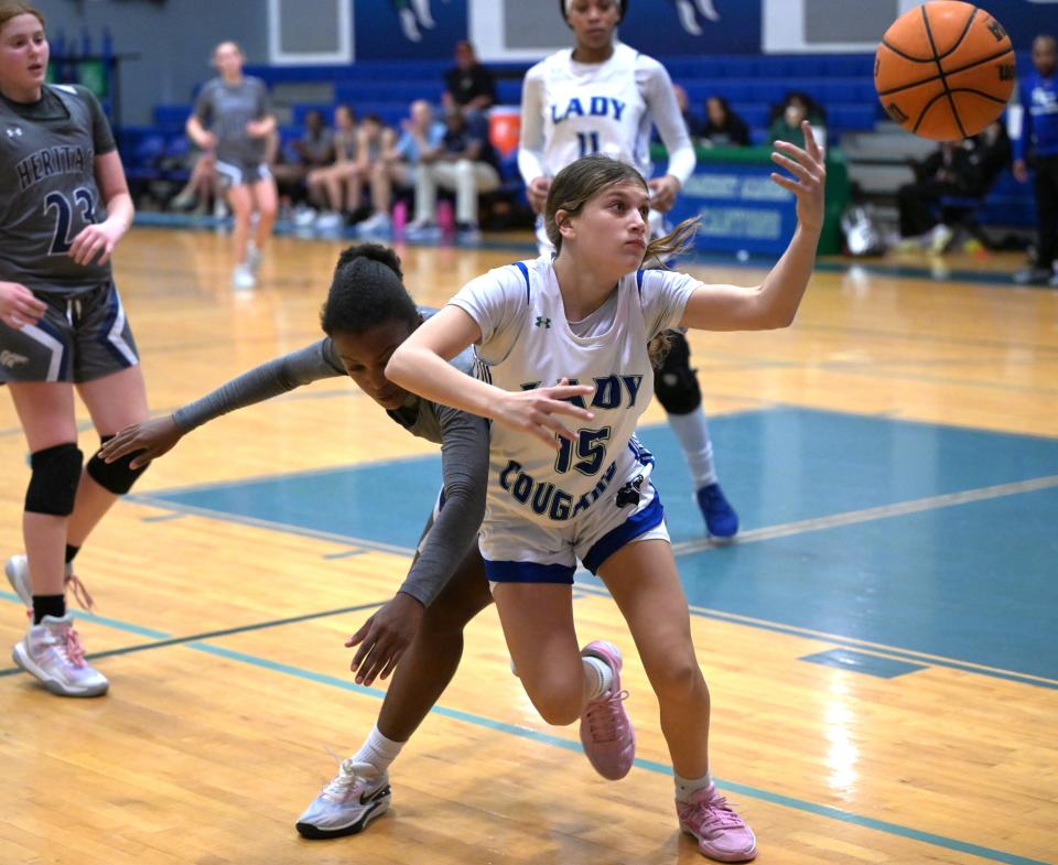 Somerset Canyons' Bella Savastano releases the ball in an attempt to score under pressure on Jan. 19, 2024.