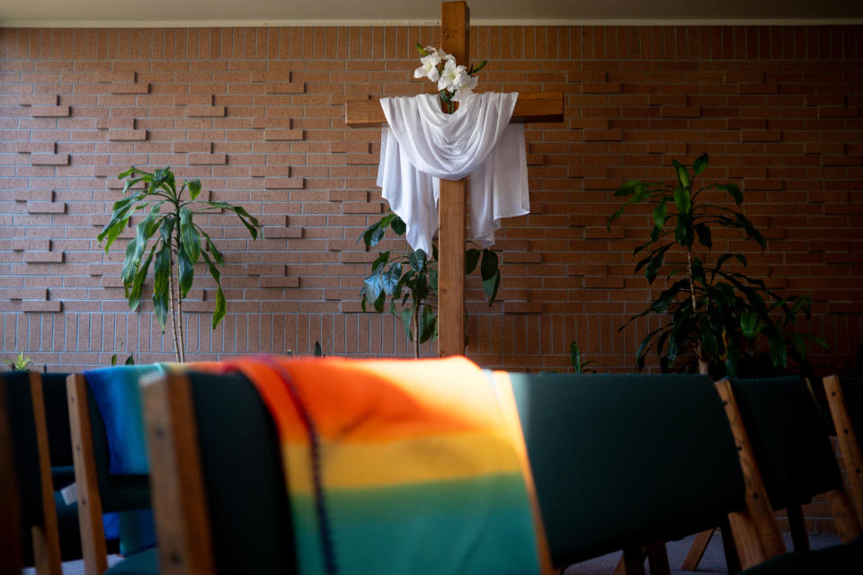 Rainbow blankets are laid out at St. Stephen's United Methodist Church in Norman.