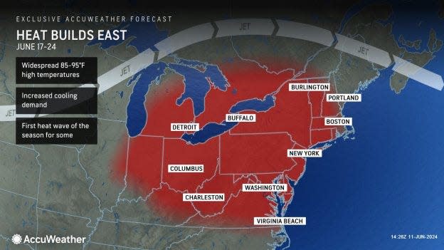 A graphic by AccuWeather illustrating the current path of what could be the first heat wave of the season in the northeast.