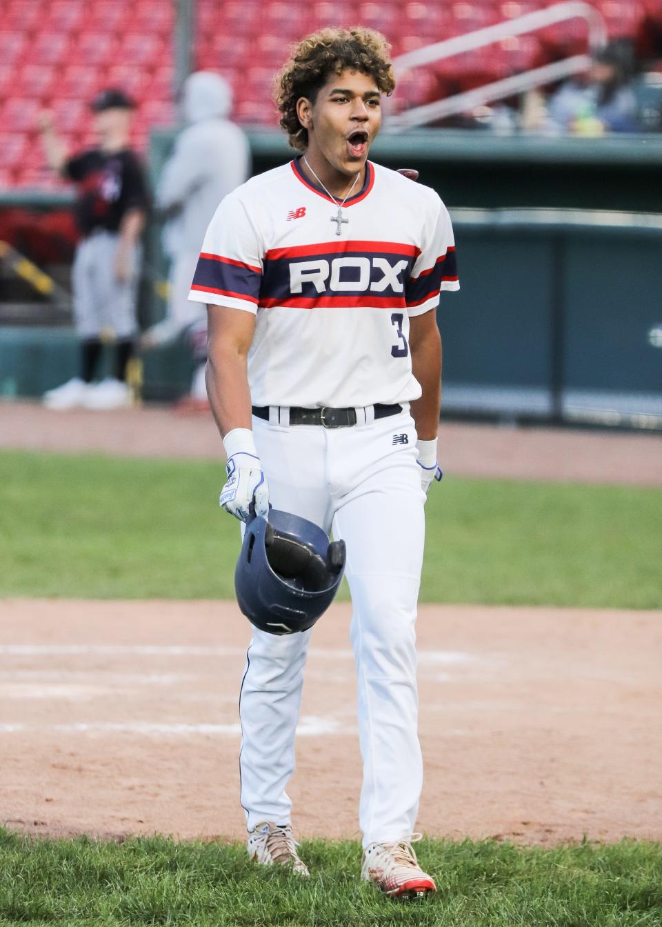 Manny Ramirez Jr., of the Brockton Rox, celebrates during the team's home opener against Nashua at Campanelli Stadium on Thursday, May 25, 2023.