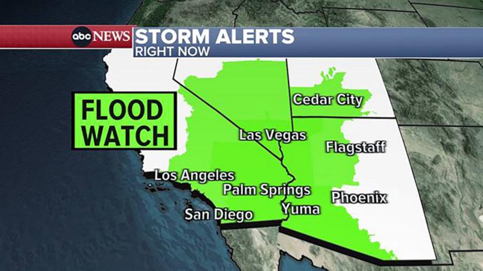 PHOTO: A weather map shows storm alerts and flood watches in southern California, Nevada, and western Arizona, Aug. 18, 2023. (ABC News)