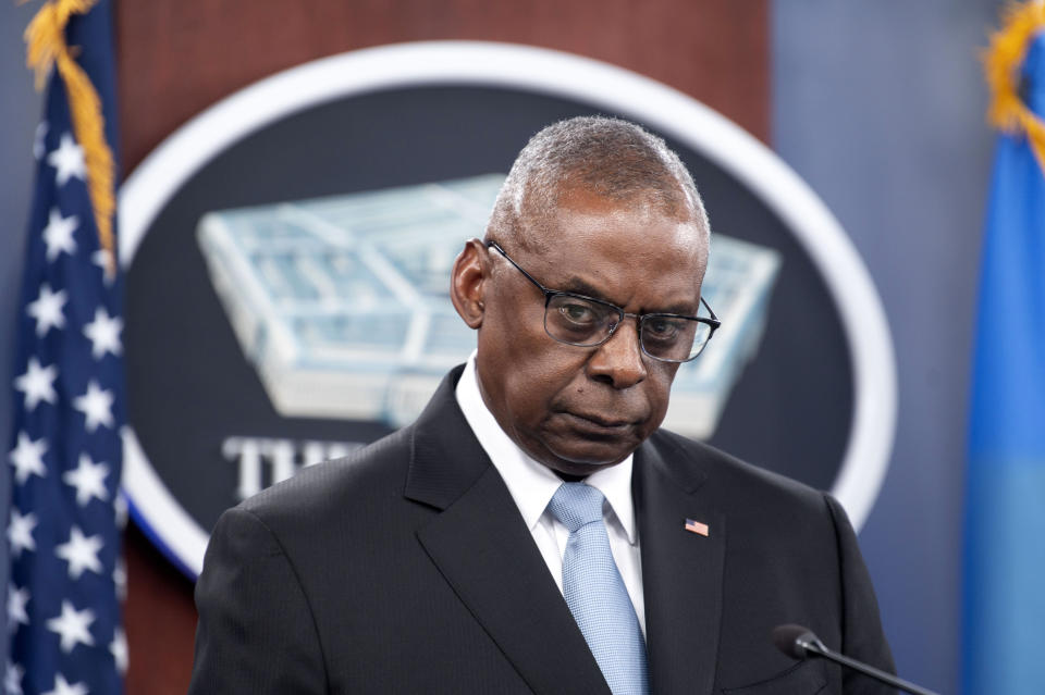 Defense Secretary Lloyd Austin speaks during a press briefing at the Pentagon on Monday, May 20, 2024, in Washington. (AP Photo/Kevin Wolf)