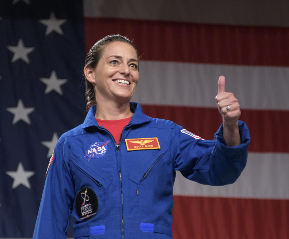 HOUSTON, TX - AUGUST 3:  In this NASA handout, NASA astronaut Nicole Aunapu Mann is seen during a NASA event where it was announced that she, NASA astronaut Eric Boe, and Boeing astronaut Chris Ferguson are assigned to the Boeing CST-100 Starliner Crew Test Flight to the International Space Station, Friday, Aug. 3, 2018 at NASAs Johnson Space Center in Houston, Texas. Astronauts assigned to crew the first flight tests and missions of the Boeing CST-100 Starliner and SpaceX Crew Dragon were announced during the event. (Photo by Bill Ingalls/NASA via Getty Images)