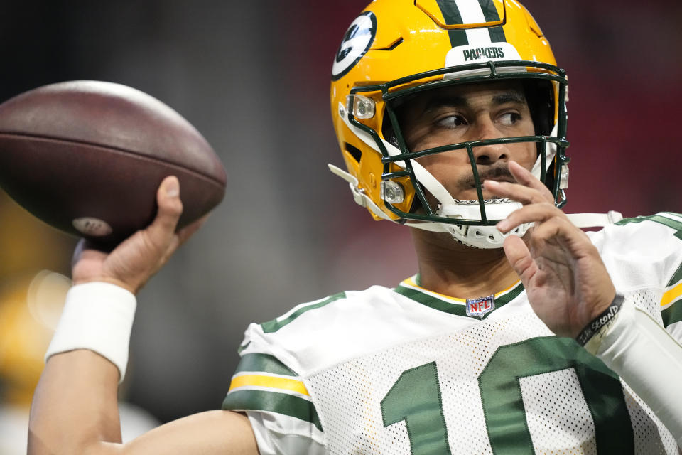 Green Bay Packers quarterback Jordan Love (10) during the first half of an NFL football game, Sunday, Sept. 17, 2023, in Atlanta. (AP Photo/Brynn Anderson)