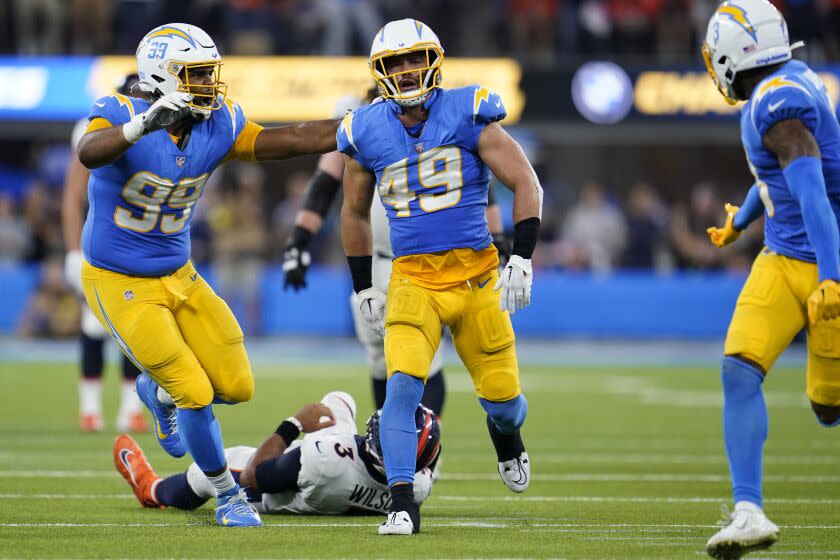 Chargers linebacker Drue Tranquill (49) celebrates his sack against Denver Broncos on Oct. 17.