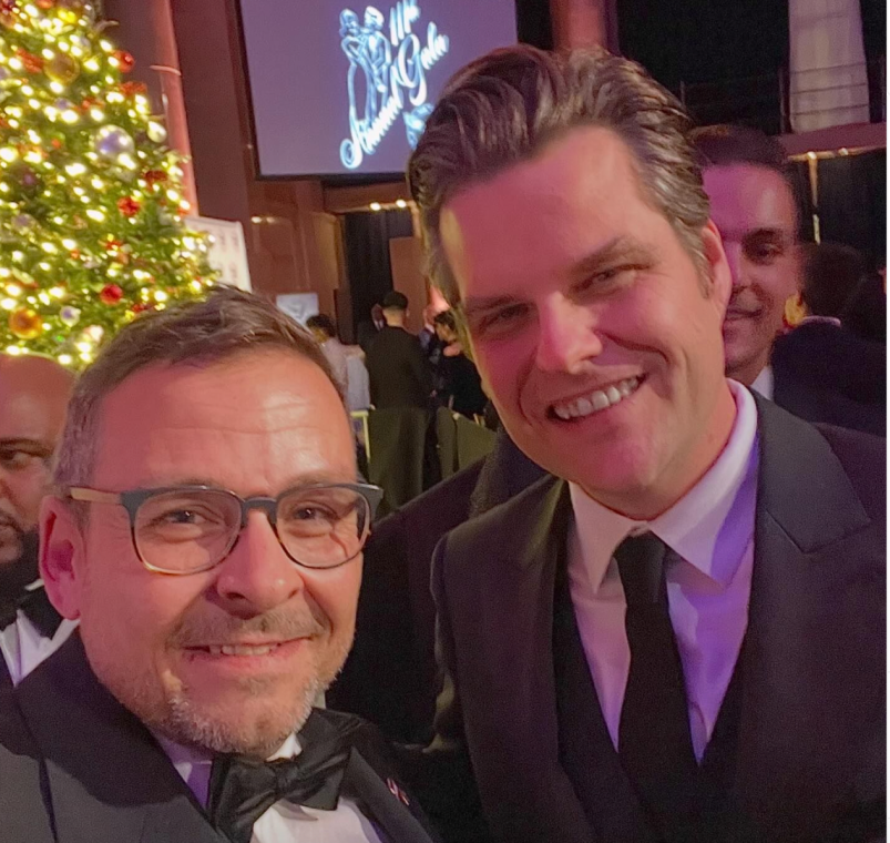 Austrian politician Gerald Grosz and Rep. Matt Gaetz (R-FL) at the New York Young Republican Club annual gala on Dec. 9, 2023. In his caption for the photo, Grosz dubbed Gaetz “the hero of the US Congress” and followed that up with Austrian and American flag emojis. (Photo: Instagram)