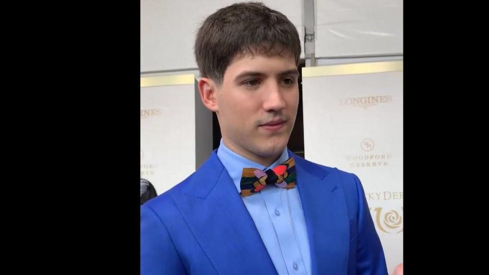Former University of Kentucky basketball player Reed Sheppard walks the red carpet at the 150th Kentucky Derby on Saturday at Churchill Downs.