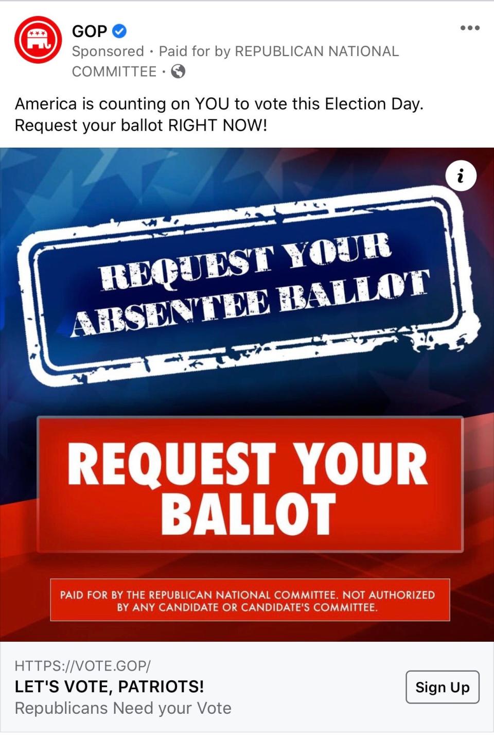 A Republican National Committee ad urged voters in North Carolina to vote by mail in the 2020 elections.