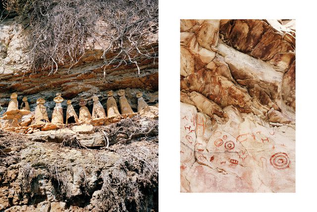 <p>João Canziani</p> From left: Sarcophagi at Cerro el Tigre, a cliffside Chachapoyan burial ground; pictographs at the Cambolín archaeological site.