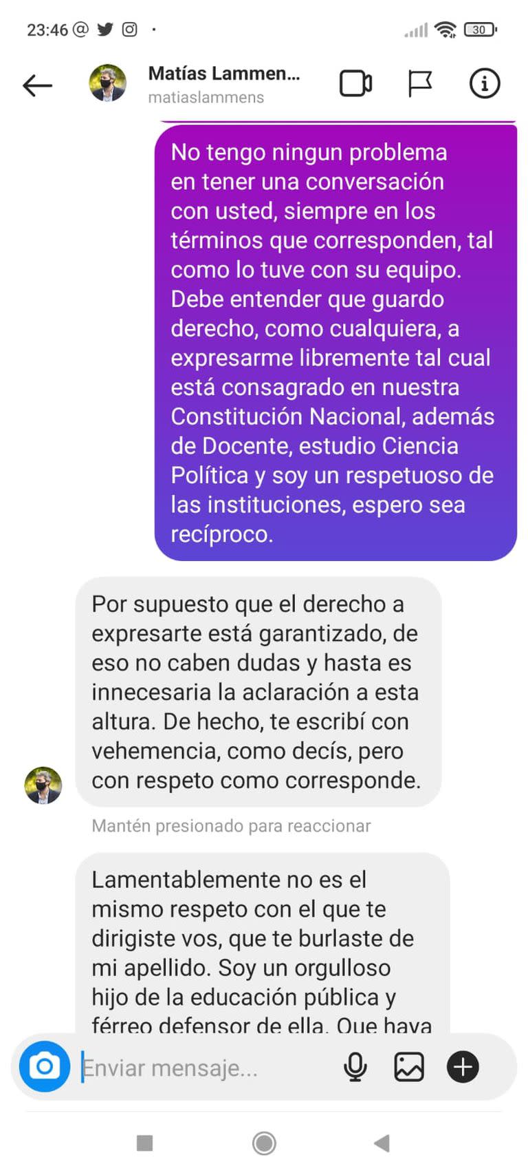 Otra de las capturas del intercambio de Lammens con el docente