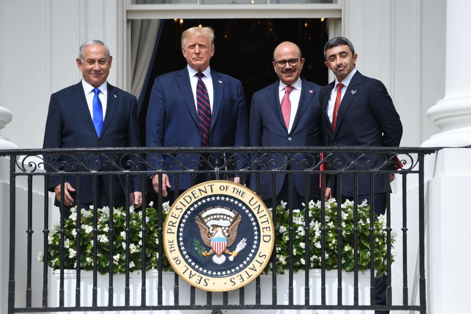 From left, Israeli Prime Minister Benjamin Netanyahu, President Donald Trump, Bahraini Foreign Minister Abdullatif Al Zayani and United Arab Emirates Foreign Minister Abdullah bin Zayed Al Nahyan participated in the signing of the Abraham Accords.