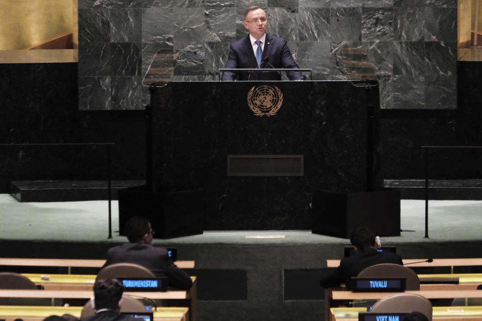 Polish President Andrzej Duda speaks during the annual gathering for the 76th session of the United Nations General Assembly (UNGA) Tuesday, Sept. 21, 2021. (Spencer Platt/Pool Photo via AP)