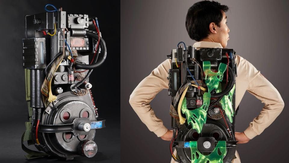 A replica Ghostbusters proton pack next to a photo of someone dressed like a Ghostbuster and wearing it, only covered in replica slime