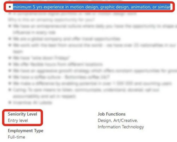 Job listing highlights: Minimum 5 years in motion design, graphic design, animation, or similar. Entry-level, full-time. Functions: design, creative, IT