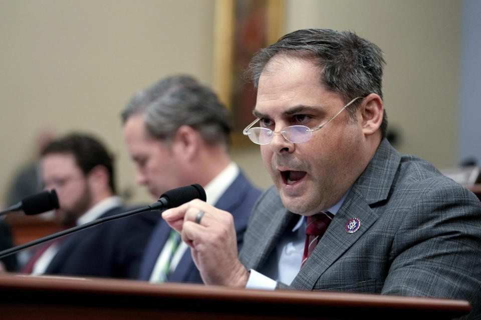 FILE - Rep. Mike Garcia, R-Calif., speaks during the House Select Committee on Intelligence annual open hearing on world wide threats at the Capitol in Washington, March 9, 2023. As candidates for the U.S. House vie for election in the few dozen districts that are likely to determine political control of the chamber, they are leaning into local issues. Yet they are also wrestling with how to talk about the two men at the top of the ballot this year, President Joe Biden and Donald Trump. (AP Photo/Carolyn Kaster, File)