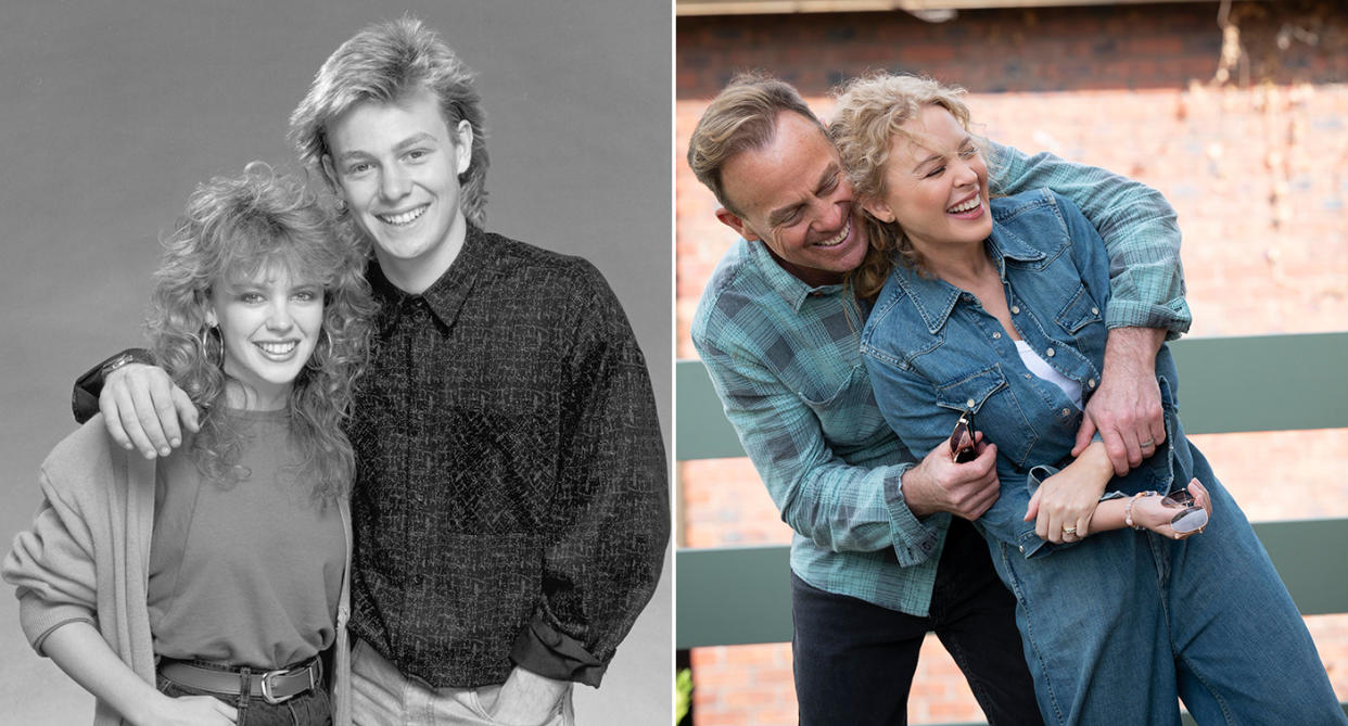 Kylie Minogue and Jason Donovan as Charlene and Scott Robinson. (Getty/Channel 5)