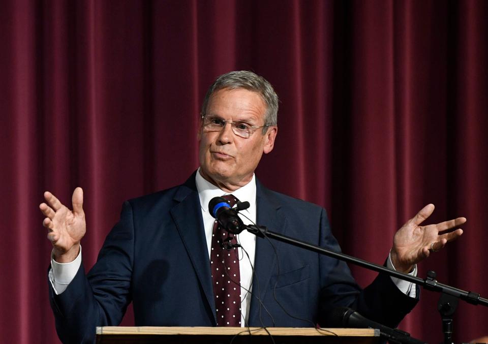 Tennessee Gov. Bill Lee announces that the Tennessee Investment in Student Achievement plan will be signed, Monday, May 2, 2022 in Franklin, Tenn., in the auditorium of his alma mater, Franklin High School.