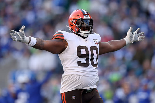 SEATTLE, WASHINGTON – OCTOBER 29: Maurice Hurst II #90 of the Cleveland Browns celebrates his interception against the Seattle Seahawks during the third quarter at Lumen Field on October 29, 2023 in Seattle, Washington. (Photo by Steph Chambers/Getty Images)