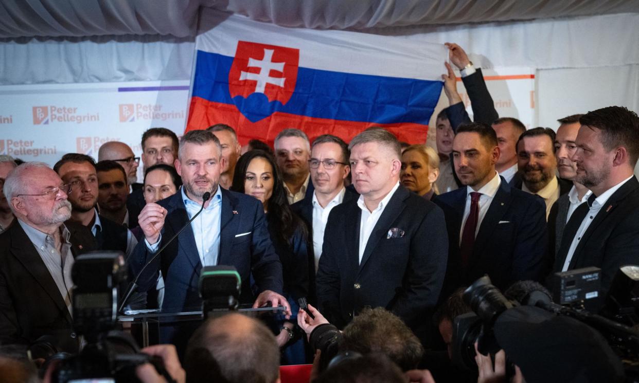 <span>Peter Pellegrini (left), who won won Slovakia’s presidential election, with the country’s prime minister, Robert Fico.</span><span>Photograph: Vladimír Šimíček/AFP/Getty Images</span>