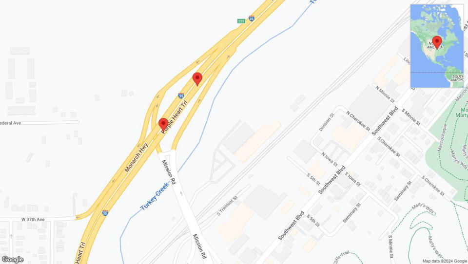 A detailed map that shows the affected road due to 'Broken down vehicle on northbound I-35 in Kansas City' on July 29th at 3:58 p.m.