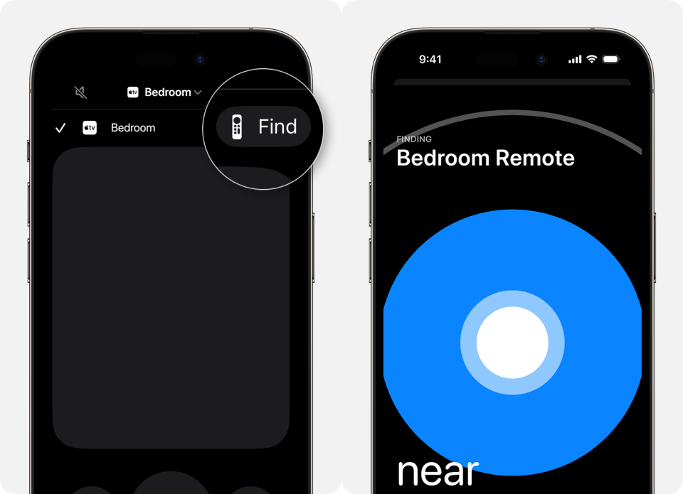 iPhone 可以從控制中心中支援尋找功能的 Apple TV 遙控器，在選單旁會有一個小小的尋找圖示，因為 Apple TV 遙控器沒辦法發出聲音，因此點開尋找後就會透過畫面告訴使用者距離遙控器有多近。