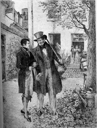 Vautrin avec Rastignac dans la cour de la pension Vauquer (Le Père Goriot). Honoré de Balzac, Old Goriot. Philadelphia : George Barrie & Son, 1897. <a href="https://fr.wikipedia.org/wiki/Vautrin_%28personnage_de_Balzac%29#/media/Fichier:BalzacOldGoriot02.jpg" rel="nofollow noopener" target="_blank" data-ylk="slk:Auteur inconnu/Wikimedia;elm:context_link;itc:0;sec:content-canvas" class="link ">Auteur inconnu/Wikimedia</a>