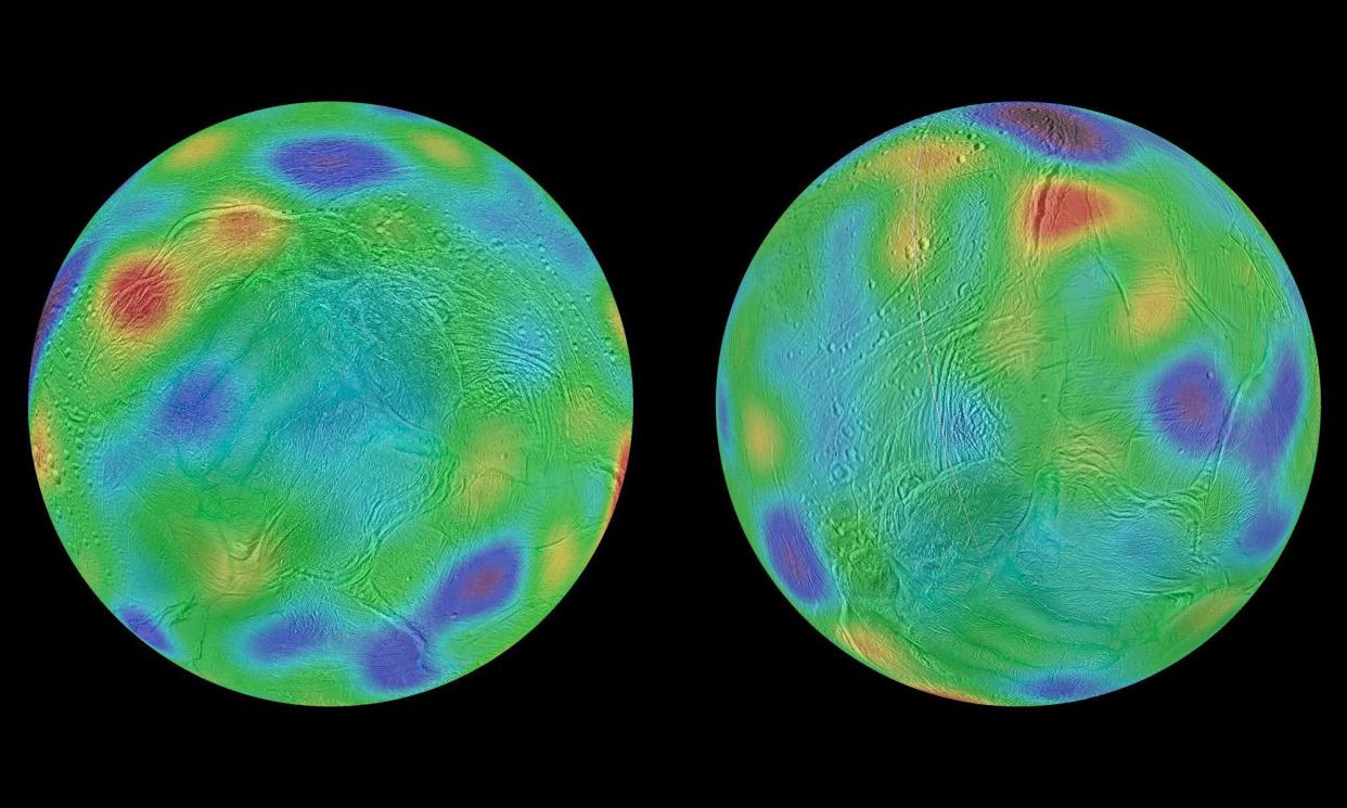 <span>Maps of Saturn’s moon Enceladus: working with image data from Nasa’s Cassini mission, researchers found that Saturn’s moon Enceladus may have tipped over, reorienting itself. These maps look towards its southern hemisphere.</span><span>Photograph: NASA/JPL-Caltech/Space Science Institute/Cornell University</span>