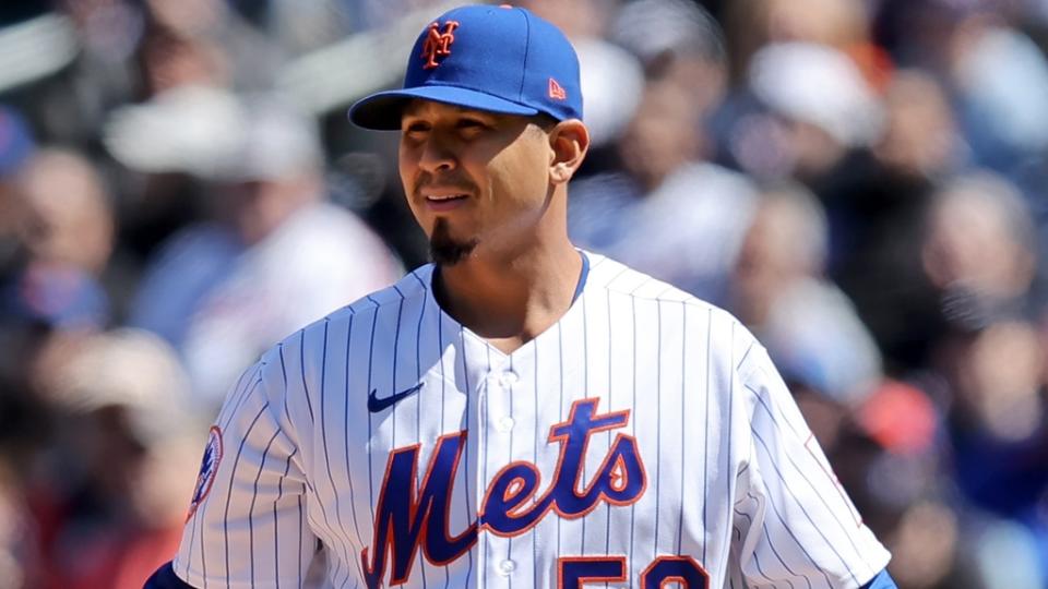 Apr 9, 2023; New York City, New York, USA; New York Mets starting pitcher Carlos Carrasco (59) reacts during the first inning against the Miami Marlins at Citi Field. Mandatory Credit: Brad Penner-USA TODAY Sports