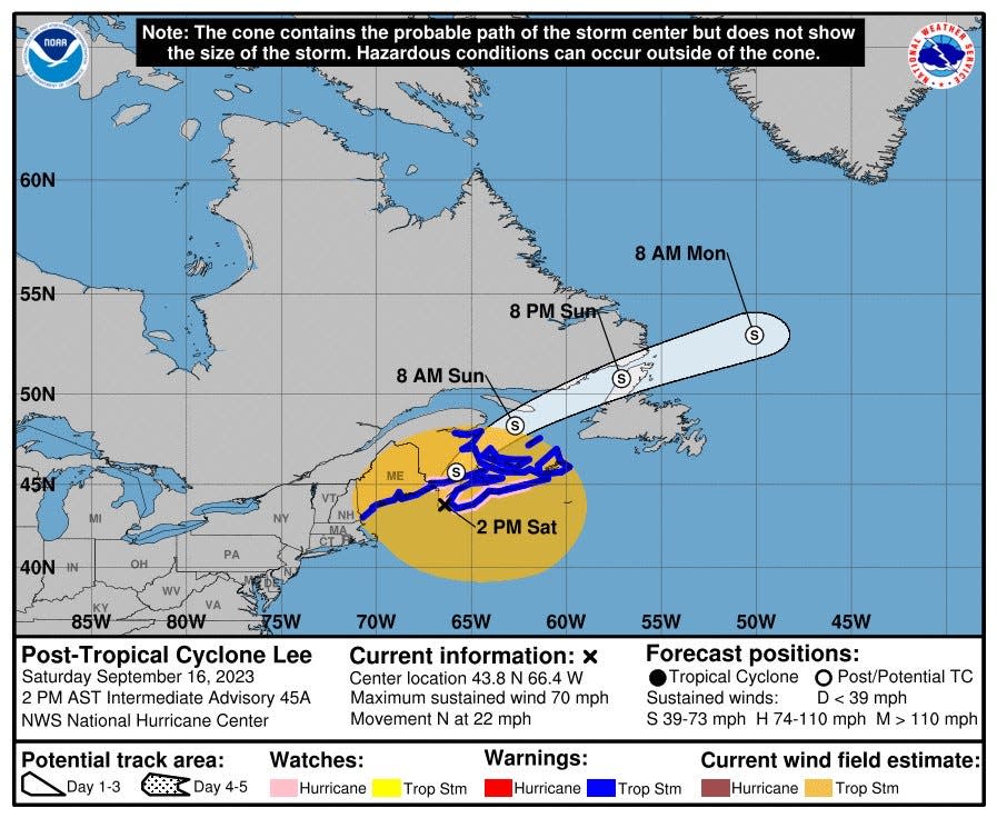 The National Hurricane Center's forecast cone for the storm center of Post-Tropical Cyclone Lee, issued at 2 p.m. on Sept. 16, 2023.