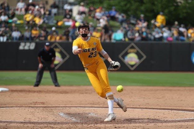 Missouri pitcher Jordan Weber fires a pitch during the Tigers’ 1-0 loss to Arizona in the NCAA Columbia Regional Final on May 22, 2022.