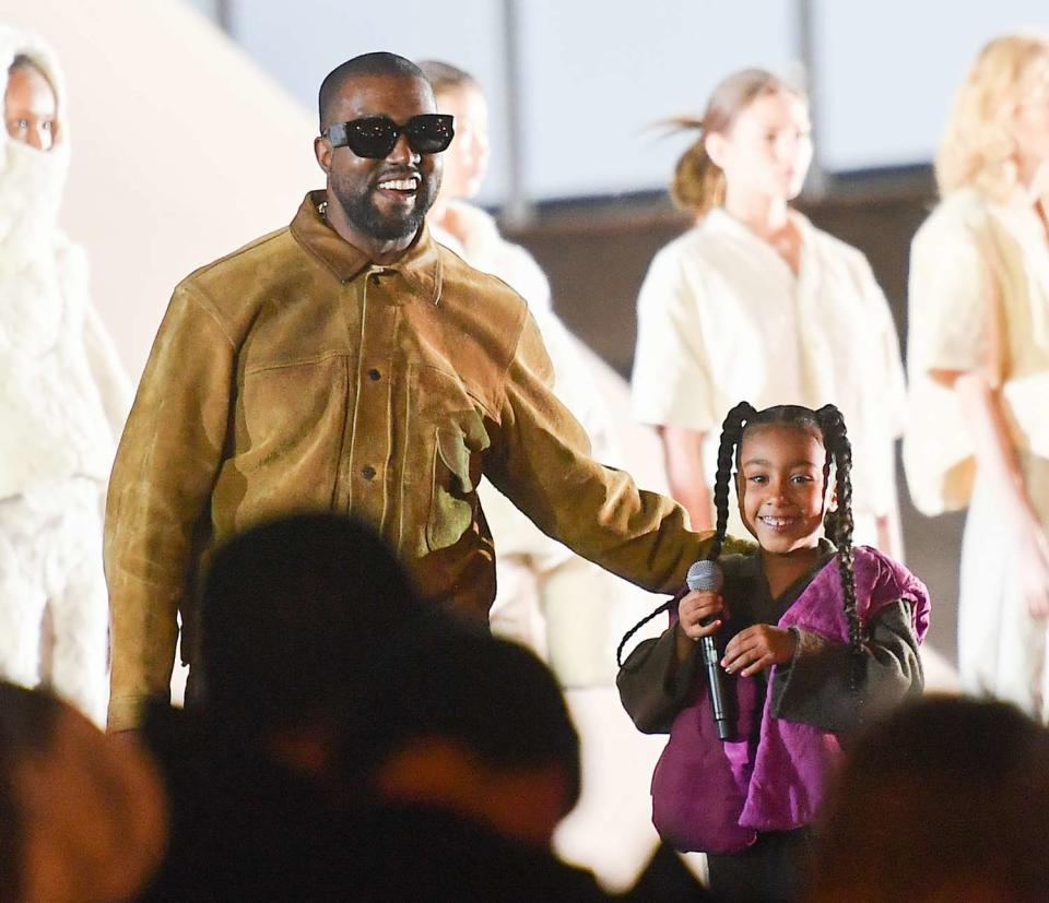 Kanye West and his daughter North West who sings on the runway during the "Yeezy Season 8" show as part of the Paris Fashion Week Womenswear Fall/Winter 2020/2021 on March 02, 2020 in Paris, France