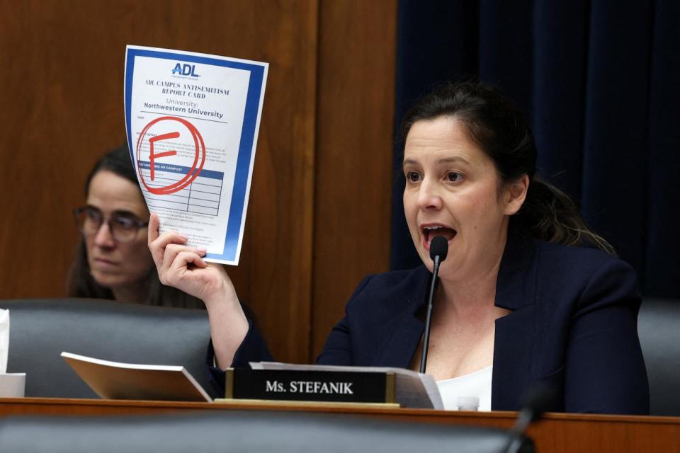 PHOTO: Rep. Elise Stefanik (R-NY) holds out a printout of a reporting on semitism at Northwestern University during a House Education and the Workforce Committee hearing on pro-Palestinian protests on college campuses in Washington, May 23, 2024. (Amanda Andrade-Rhoades/Reuters)