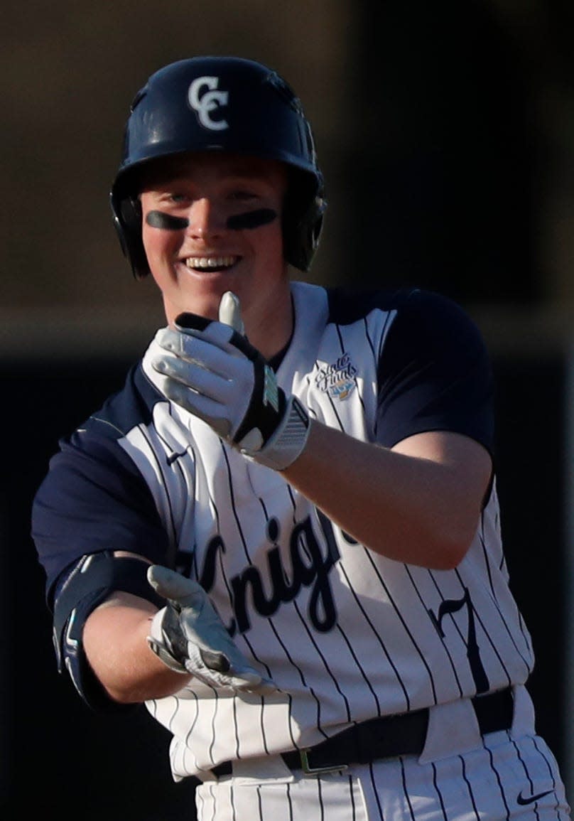 Central Catholic Knights Ryan Schummer (7) reads after getting a double during the IHSAA baseball game against the Benton Central Bison, Tuesday, April 11, 2023, at Central Catholic High School in Lafayette, Ind. Central Catholic won 8-6.