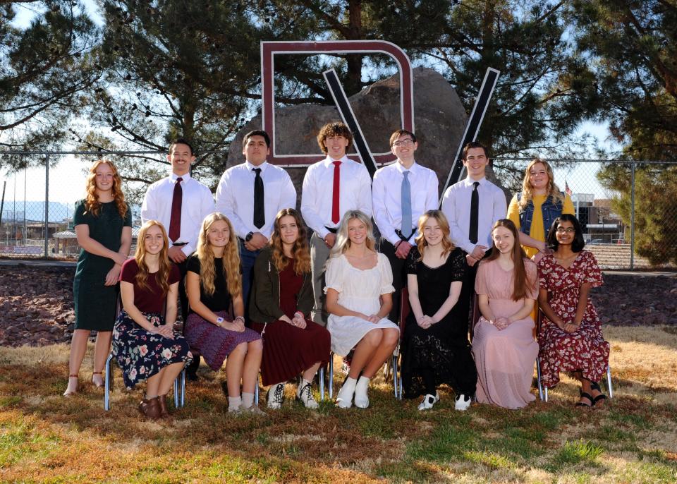 Pine View High School's 2023 Sterling Scholar award winners pose for a photo. Back row, from right to left: Rysann Clark, Timothy Threet, David Magana, Abe Rosenlund, Austyn Gerritson, Brady McMullin, Taylor Hughes. Front row: Amelia Hall, Rachel Mathis, Addie Tucker, Lainee Chase, Tess Paxman, Amelia Jones, Ananya Gimmy.