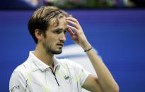 Daniil Medvedev, of Russia, reacts after losing a point to Rafael Nadal, of Spain, during the men's singles final of the U.S. Open tennis championships Sunday, Sept. 8, 2019, in New York. (AP Photo/Adam Hunger)