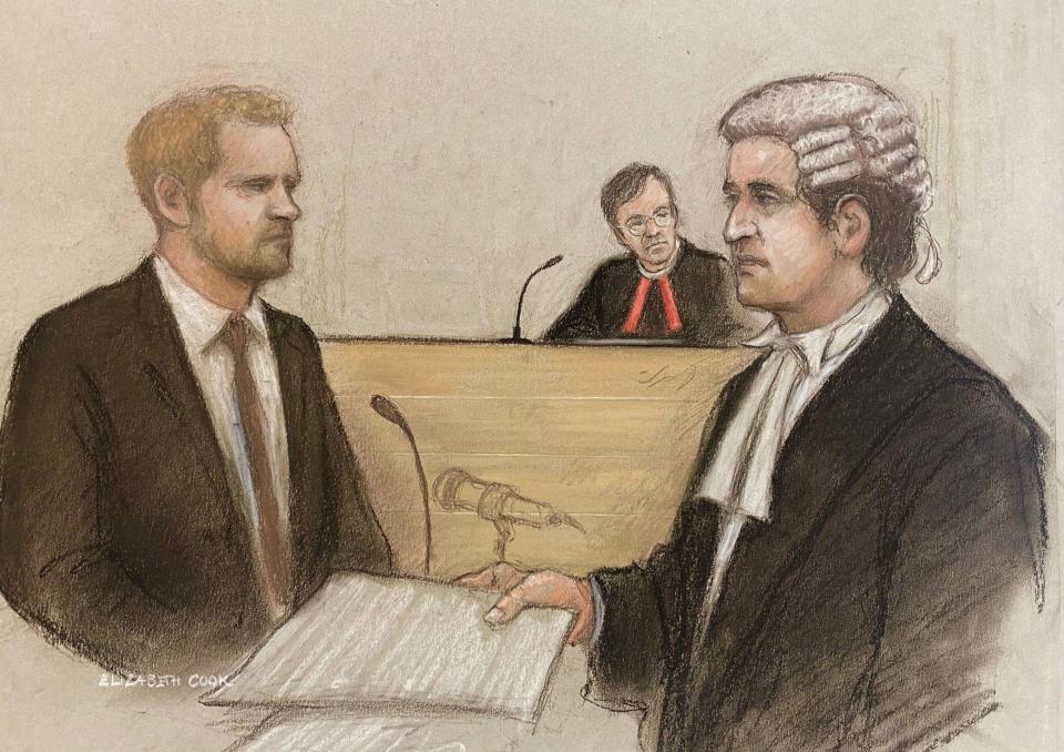 Court artist sketch by Elizabeth Cook of the Duke of Sussex (left) with his counsel David Sherborne (right) giving evidence at the Rolls Buildings in central London, with Mr Justice Fancourt (centre) looking on, during the phone hacking trial against Mirror Group Newspapers (MGN). A number of high-profile figures have brought claims against MGN over alleged unlawful information gathering at its titles. Picture date: Tuesday June 6, 2023.