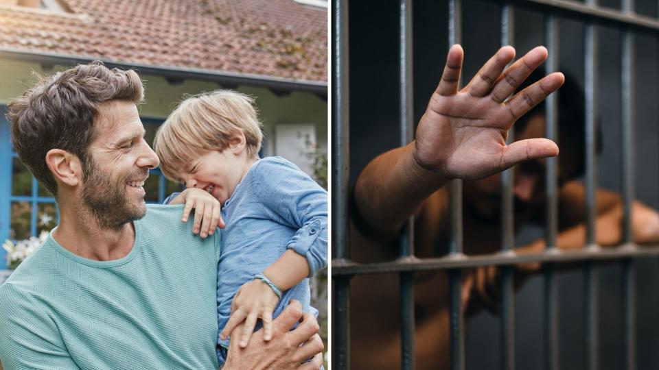 A father and son giggling in front of their house on the left, and a man reaches out his hand in a jail cell on the right.