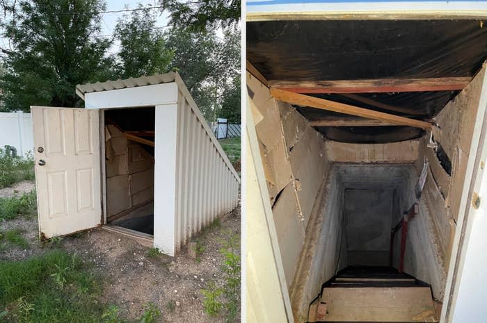 The left picture shows the exterior of a small shed with an open door leading underground. The right picture shows the view down the steep, narrow stairs into the shed.