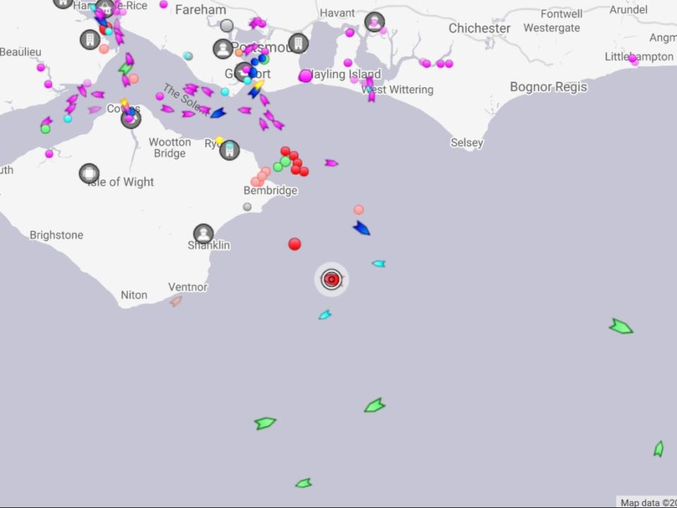 The Nave Andromeda oil tanker - in the centre of the image in red surrounded by a grey circle, seen off the coast of the Isle of Wight on Sunday afternoonMarineTraffic