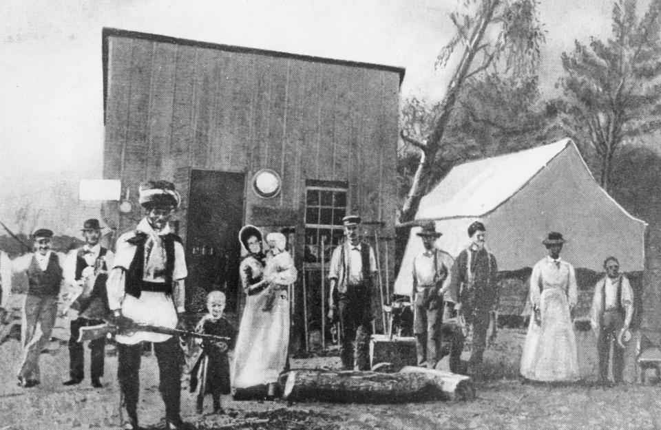 Before the Dentos was put in service in 1897, dentist J.A. Pugh had begun to practice in the Palm Beach and West Palm Beach area. In this group in front of a West Palm general store in 1894, Pugh is pictured second from far left. From left to right, the people in the group are identified as Ikey Simmons; Dr. J.A. Pugh; a grandson of famous Seminole Chief Billy Bowlegs; P.W. Weybrecht; Mrs. Weybrecht with baby son Willie; O.W. Weybrecht; two of the general store's employees; and Minerva and Sylvester Reddick.